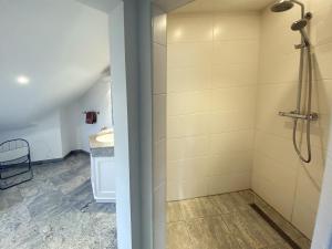 黑灵斯多夫Villa Caprivi - Ferienwohnung 11 C的带淋浴和盥洗盆的浴室