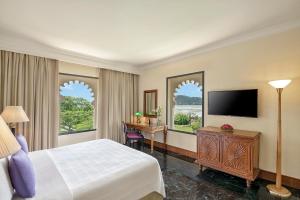乌代浦乌代浦三叉戟酒店的酒店客房配有一张床、一张书桌和一台电视。