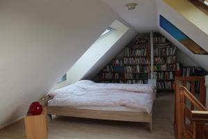 UrbarFerienwohnung im Galerie-Haus的一间设有书架的房间的卧室