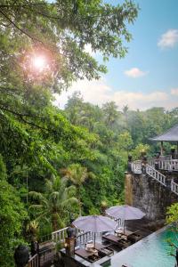 德格拉朗Kawi Resort A Pramana Experience的一个带游泳池、桌子和遮阳伞的度假村