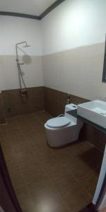 潘郎Khách sạn Ánh Đông的浴室配有卫生间、盥洗盆和淋浴。