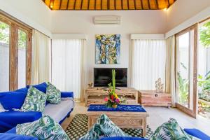沙努尔Villa Frangi的客厅配有蓝色的沙发和电视