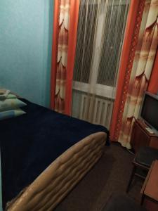 Mohyliv-PodilʼsʼkyyГотель Турист的一间卧室设有一张床、一个窗口和一台电视