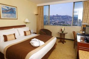 塔那那利佛马达加斯加卡尔顿酒店的酒店客房设有一张带大窗户的床。