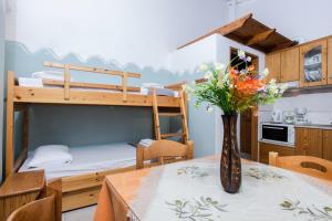 法拉萨纳碧海蓝天公寓式酒店的小房间设有桌子和双层床