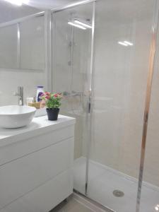 波尔图Secondlove的带淋浴和盥洗盆的白色浴室