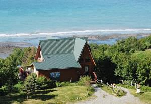 荷马Alaska Adventure Cabins的一座山丘上的房屋,背景是大海