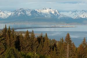 荷马Alaska Adventure Cabins的享有大片水域和雪覆盖的山脉的景色