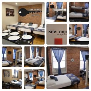 纽约曼哈顿中城一室公寓的一张带床的新房间的照片拼凑而成