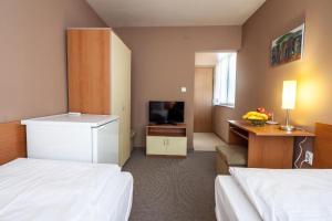 扬博尔Panorama Top Floor Rooms in Hotel Tundzha的酒店客房设有两张床和电视。