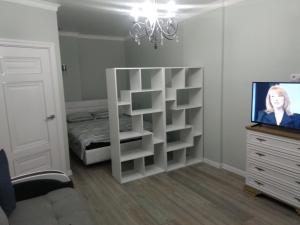 赫梅利尼茨基Апартаменти Люкс2的一间卧室设有白色书架和电视