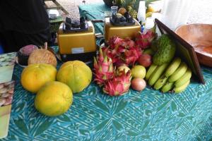 拉罗汤加JO's Farmstay-charming holiday farm close to famous Muri Beach的一张桌子上放着一大堆水果和蔬菜