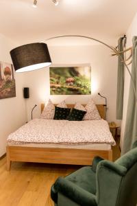 格拉茨Charming 45m2 Apartment in Heart of Graz的一间卧室配有一张床和一把绿色椅子