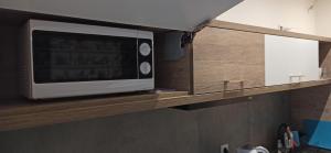 克拉科夫Lukas Guest Rooms的厨房的木架上配有微波炉