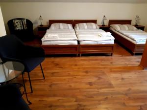 利托米什尔波扎西利托米什尔旅馆的铺有木地板的客房内的两张床