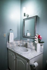 圣约翰斯康妮舒适套房酒店的浴室设有水槽、镜子和鲜花