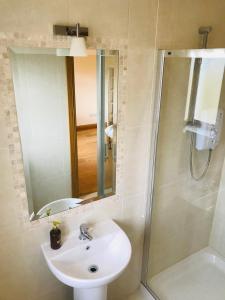 威克洛Oak Trees Corner stylish , relaxing , getaway的浴室配有盥洗盆和带镜子的淋浴