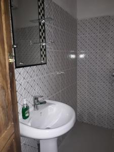 圣路易斯Hotelgandiol - Saint-Louis的浴室设有白色水槽和镜子