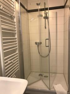 海德瑙厄尔斯酒店的浴室里设有玻璃门淋浴