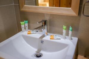 科伊艾科Huellas y Senderos Hotel的浴室水槽配有2个牙刷和镜子
