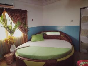 阿克拉Elizz guest house的一间卧室配有一张带绿色枕头的床