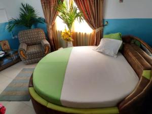 阿克拉Elizz guest house的一间卧室配有一张大床和一把椅子