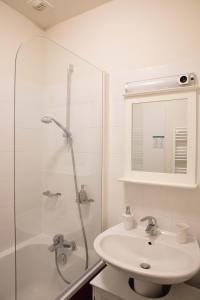 图尔尼Appartement A-Mi-Chemin - Centre-ville de Tournus的白色的浴室设有水槽和淋浴。