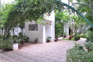 钦奈Niketana @ Boat Club的一座白色建筑的庭院,里面种有树木和植物