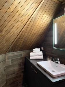 伊瓦洛Wilderness Hotel Nangu & Igloos的一间带水槽和木制天花板的浴室
