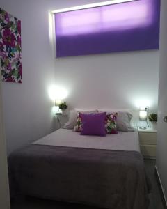 马拉加Marquéz de Ovieco的一间卧室配有一张带紫色枕头的大床