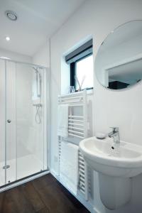 蒂恩格Skye Lair的白色的浴室设有水槽和淋浴。
