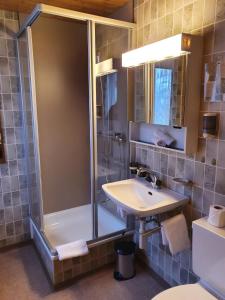 昆塔尔Historisches Hotel Bären的带淋浴和盥洗盆的浴室