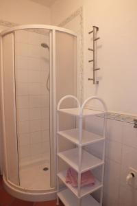 坎波内莱尔巴太阳公寓的浴室内设有带白色架子的淋浴