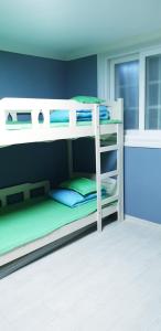 釜山蓝色背包客旅馆的客房内的双层床,配有三张双层床