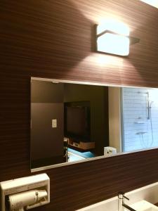 东广岛市LUXe的浴室设有镜子、水槽和电视