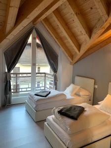 泰穆Alpin Sky的带大窗户的客房内的两张床