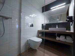 弗罗茨瓦夫Brassel Aparthotel的一间带卫生间、水槽和镜子的浴室