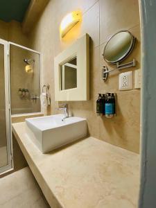 瓦哈卡市Hotel Casona Oaxaca的浴室设有白色水槽和镜子