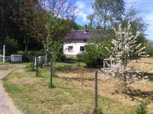 AlluyesLa grange的白色的房子,有栅栏和一棵开花的树