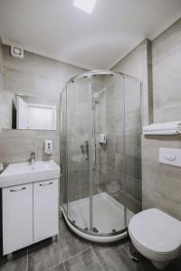 巴尼亚卢卡Hotel Tanja的带淋浴、卫生间和盥洗盆的浴室