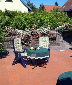 宾茨Fewo Kasch的庭院里种着鲜花,配有两把椅子和一张桌子
