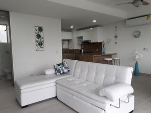圣玛尔塔SANTA MARTA OASIS en ZAZUE的客厅设有白色沙发,配有厨房