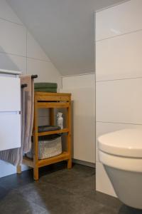 佐特兰德B&B Witvliet, kamers en studio met heerlijk ontbijt !的一间带卫生间的浴室和一个带毛巾的架子