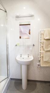 辛霍迪克兰纳尔琴达农场旅馆的白色的浴室设有水槽和淋浴。