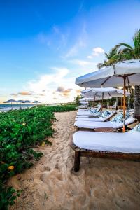 托兰克索Hotel e Resort Villas de Trancoso的海滩上一排带遮阳伞的沙滩椅