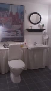 罗斯基勒Hos Anna的一间带卫生间、水槽和镜子的浴室