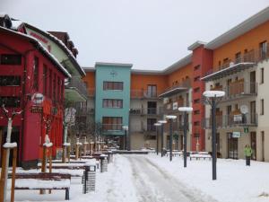 奥什恰德尼察Apartmán Borgi的一座有建筑物的城市里,有积雪覆盖的街道