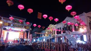 马六甲Thian Siong Inn的一群粉红色灯笼在街上过夜