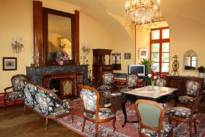 Creissels克雷塞尔城堡酒店的客厅设有壁炉、桌子和椅子