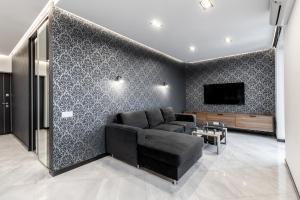 利沃夫InshiApartments on Hazova str 5的客厅配有黑色沙发和电视